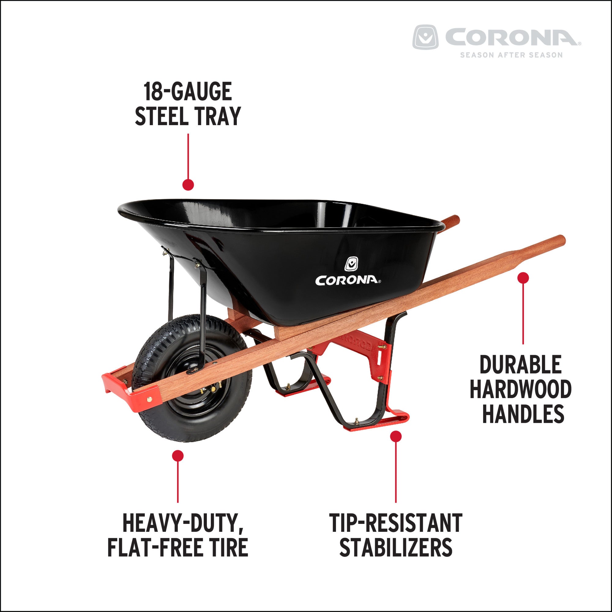 6 Cu. Ft. Professional Steel Wheelbarrow, Wood Handles, Flat Free Tire