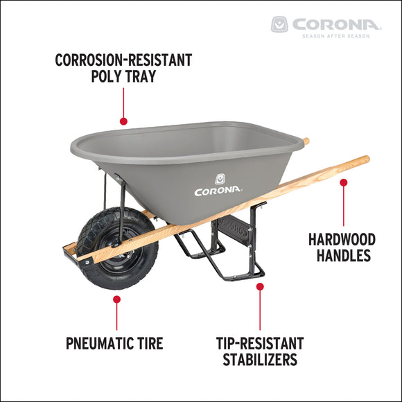 6 Cu. Ft. Poly Wheelbarrow, Wood Handles, Pneumatic Tire