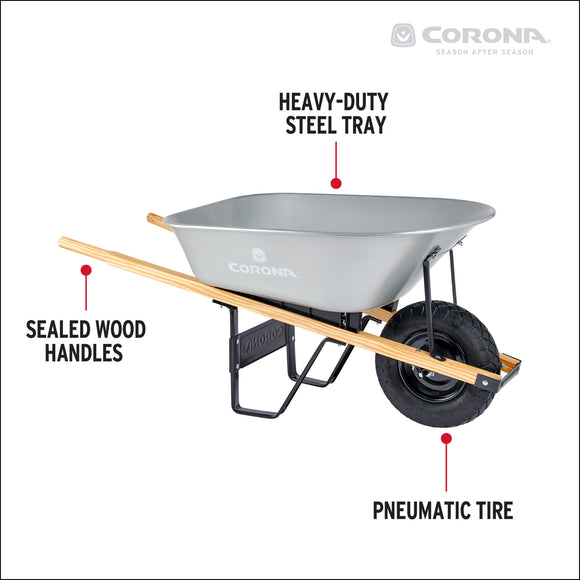 6 Cu. Ft. Steel Wheelbarrow, Wood Handles, Pneumatic Tire