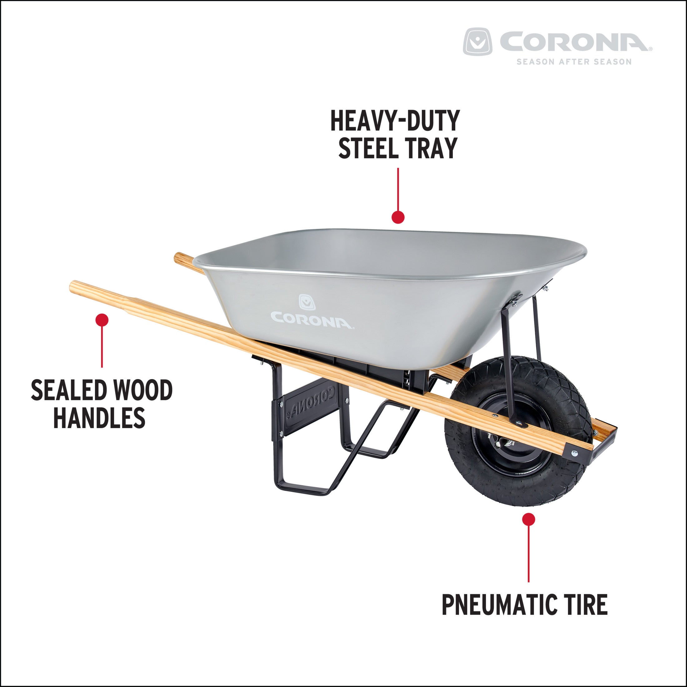 6 Cu. Ft. Steel Wheelbarrow, Wood Handles, Pneumatic Tire