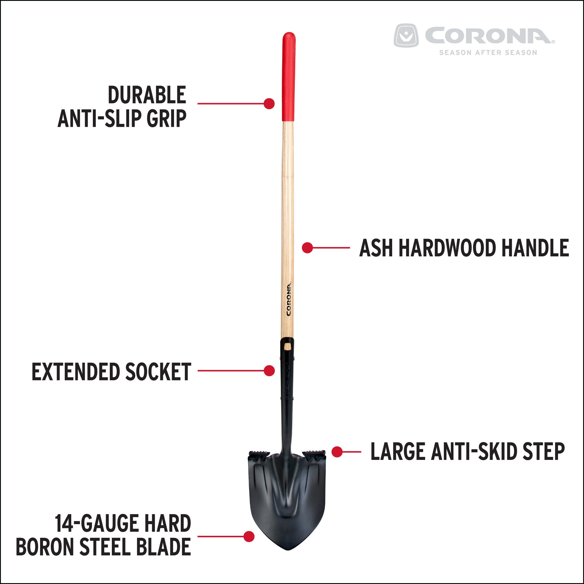 Boron Steel 14 Gauge Round Point Shovel, Hardwood Handle