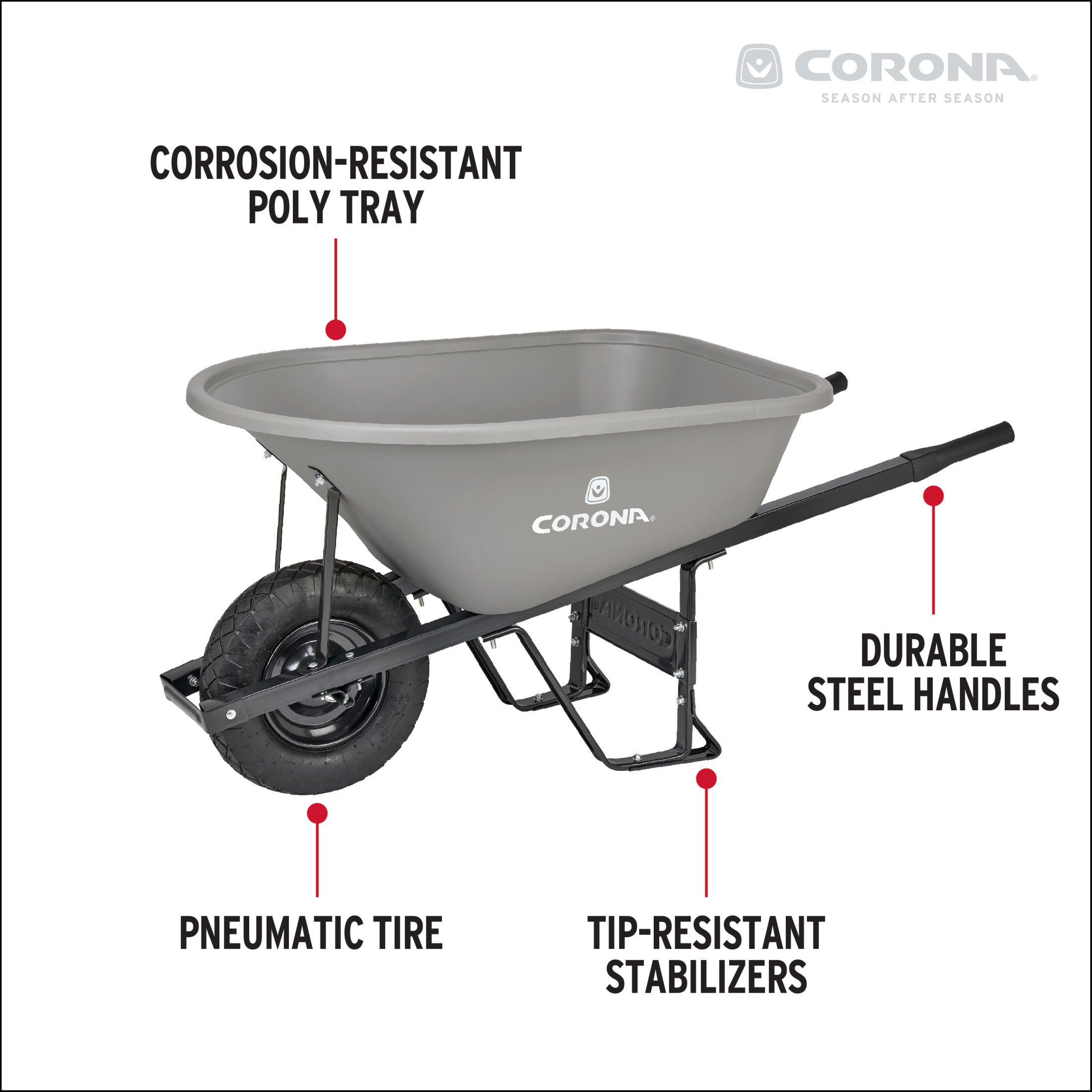 6 Cu. Ft. Poly Wheelbarrow, Steel Handles, Pneumatic Tire