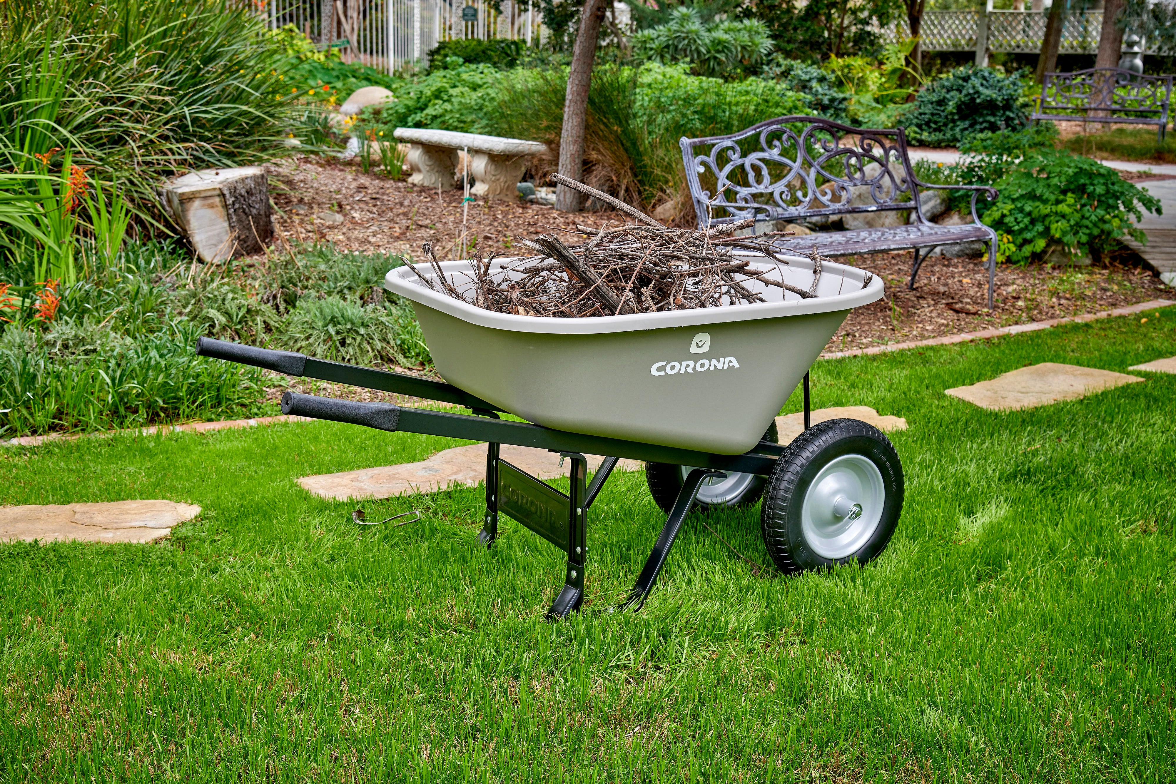 6 Cu. Ft. Poly Wheelbarrow, Steel Handles, Dual Wheel Flat Free Tires