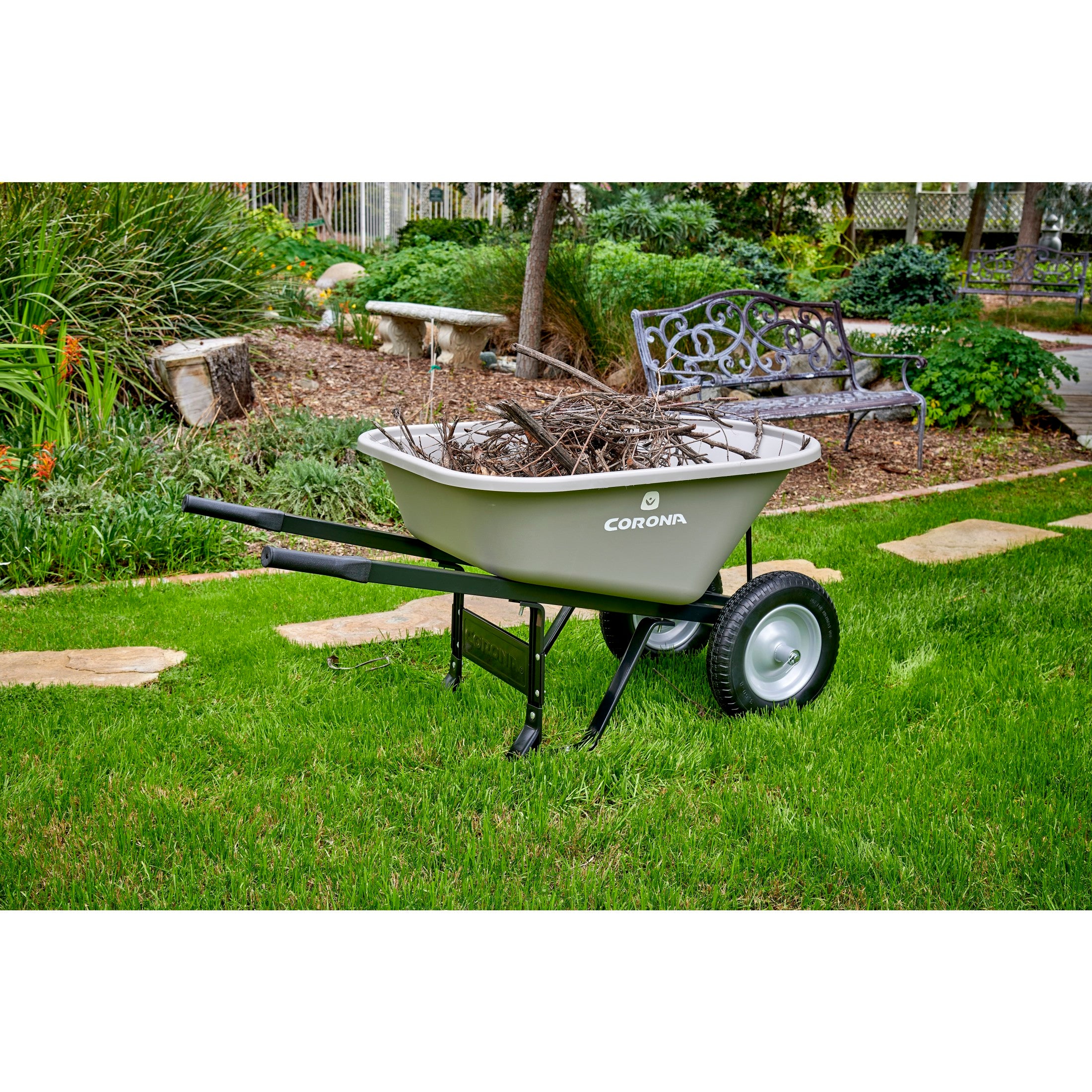 6 Cu. Ft. Poly Wheelbarrow, Steel Handles, Dual Wheel Flat Free Tires