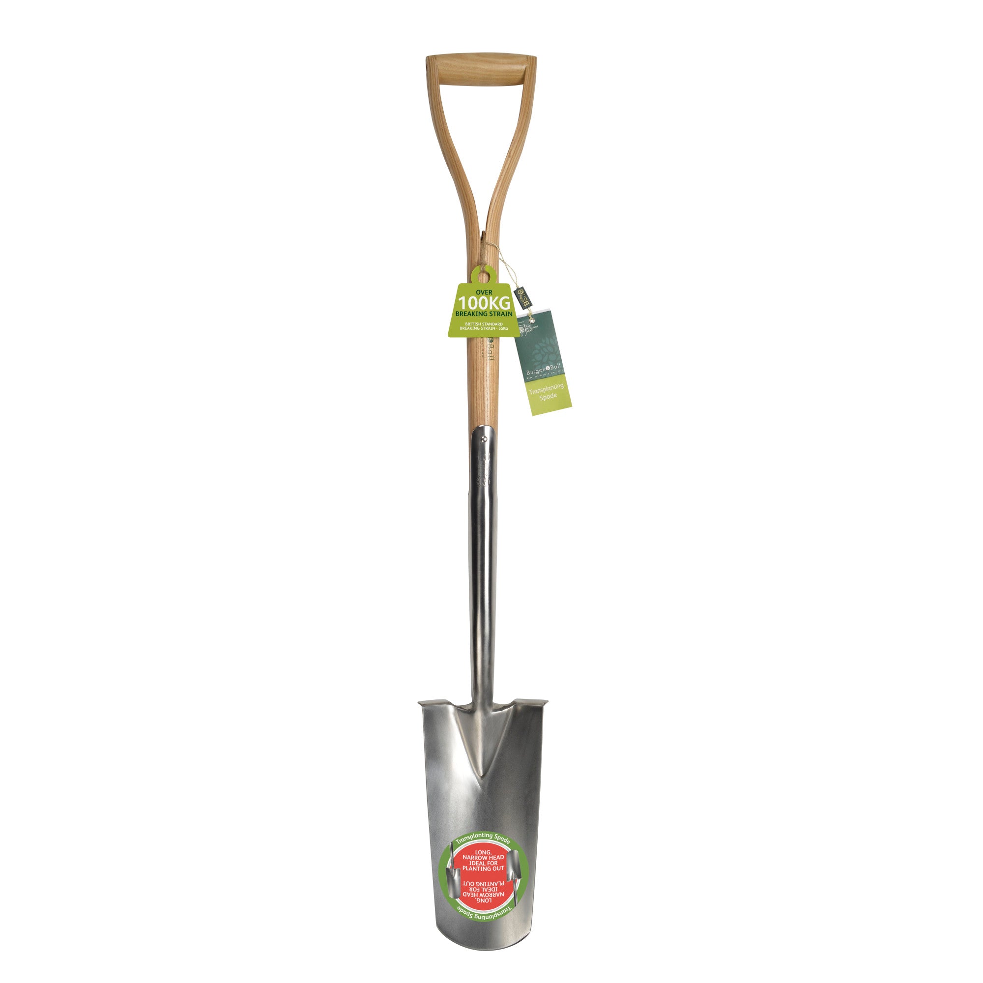 Stainless Steel Transplanting Spade Shovel, Wood D-Grip Handle, RHS Endorsed