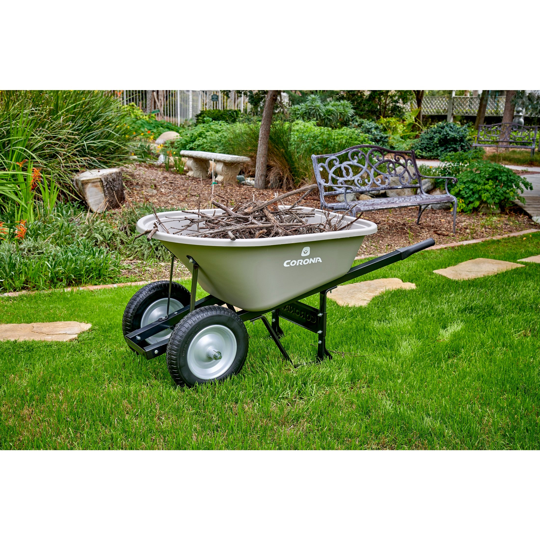 6 Cu. Ft. Poly Wheelbarrow, Steel Handles, Dual Wheel Flat Free Tires