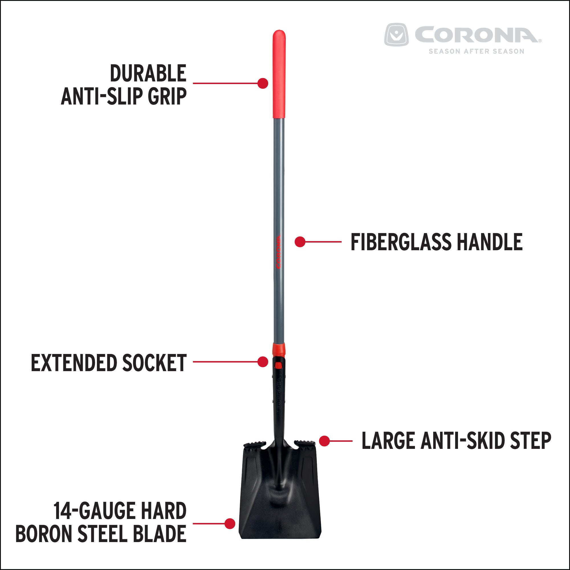 Boron Steel 14 Gauge Square Point Shovel, Fiberglass Handle