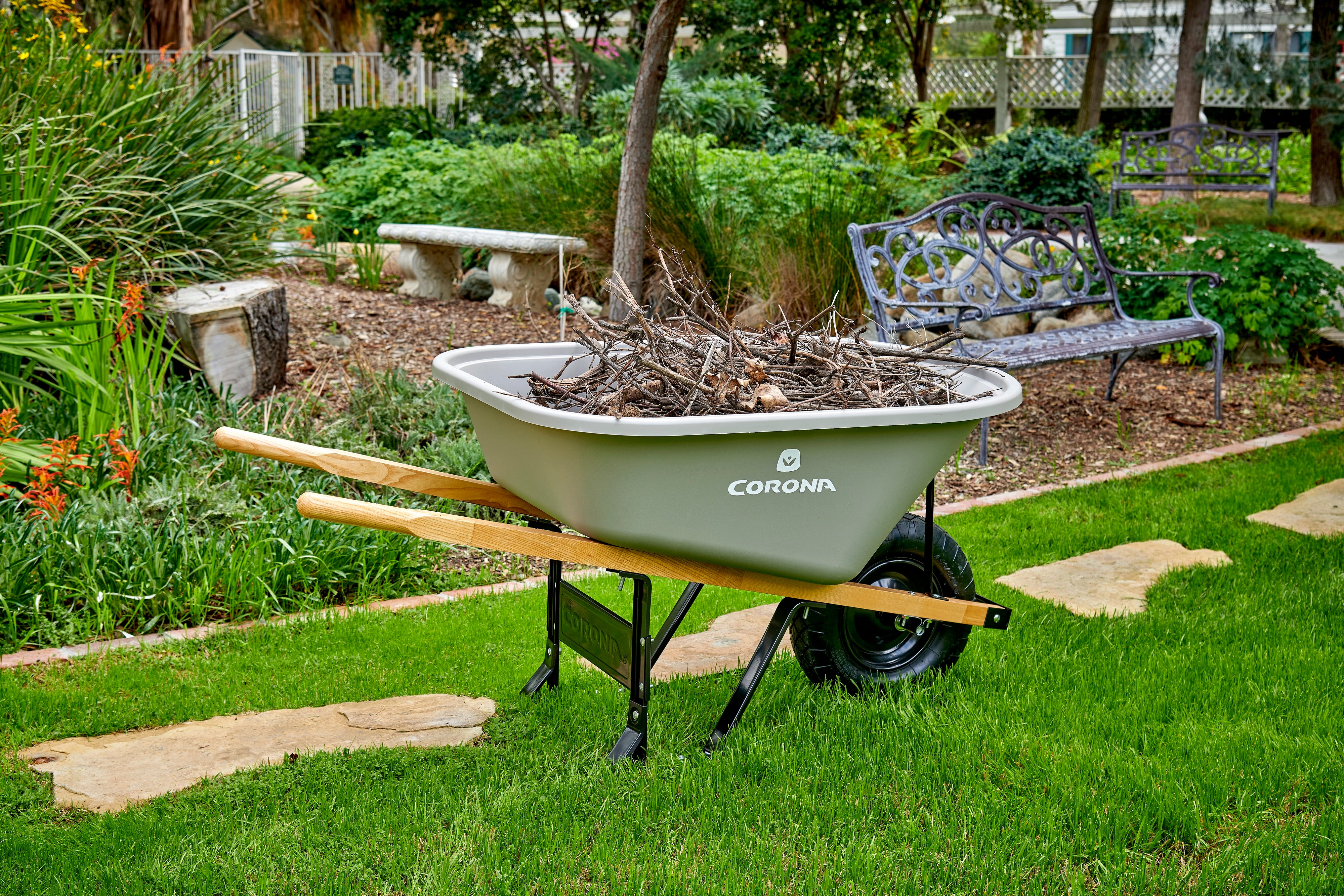 6 Cu. Ft. Poly Wheelbarrow, Wood Handles, Pneumatic Tire