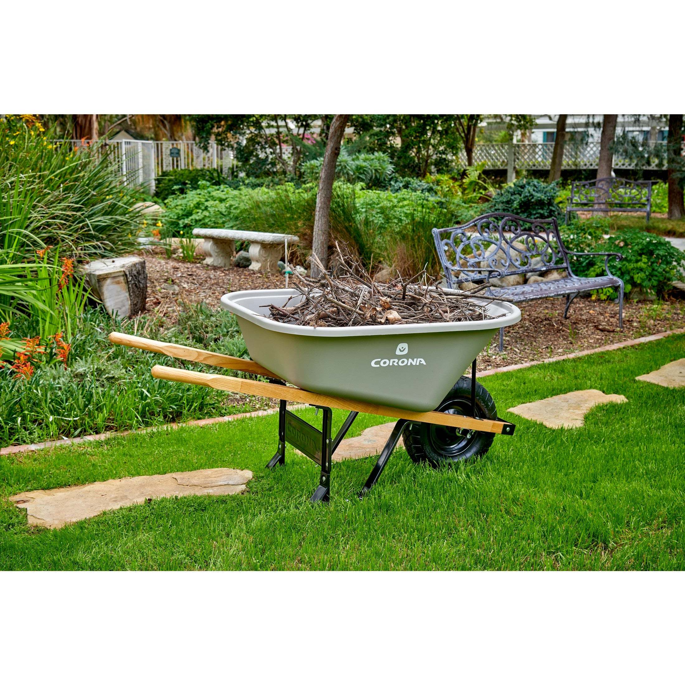 6 Cu. Ft. Poly Wheelbarrow, Wood Handles, Pneumatic Tire