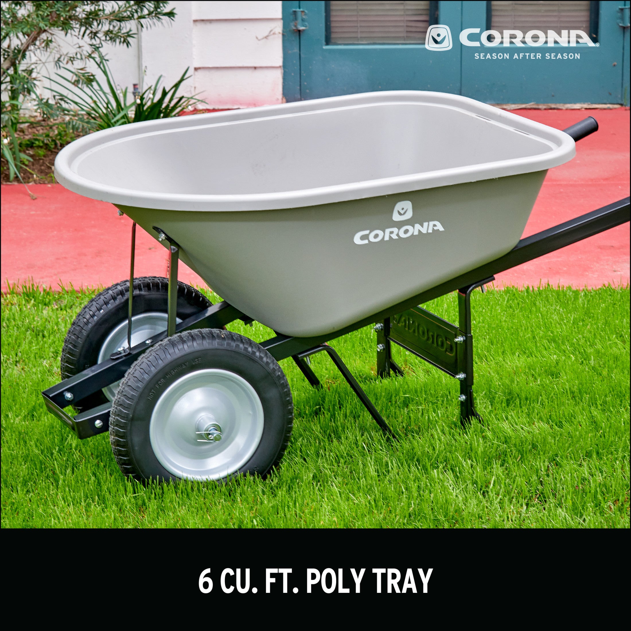 6 Cu. Ft. Poly Wheelbarrow, Steel Handles, Dual Wheel Flat Free Tires