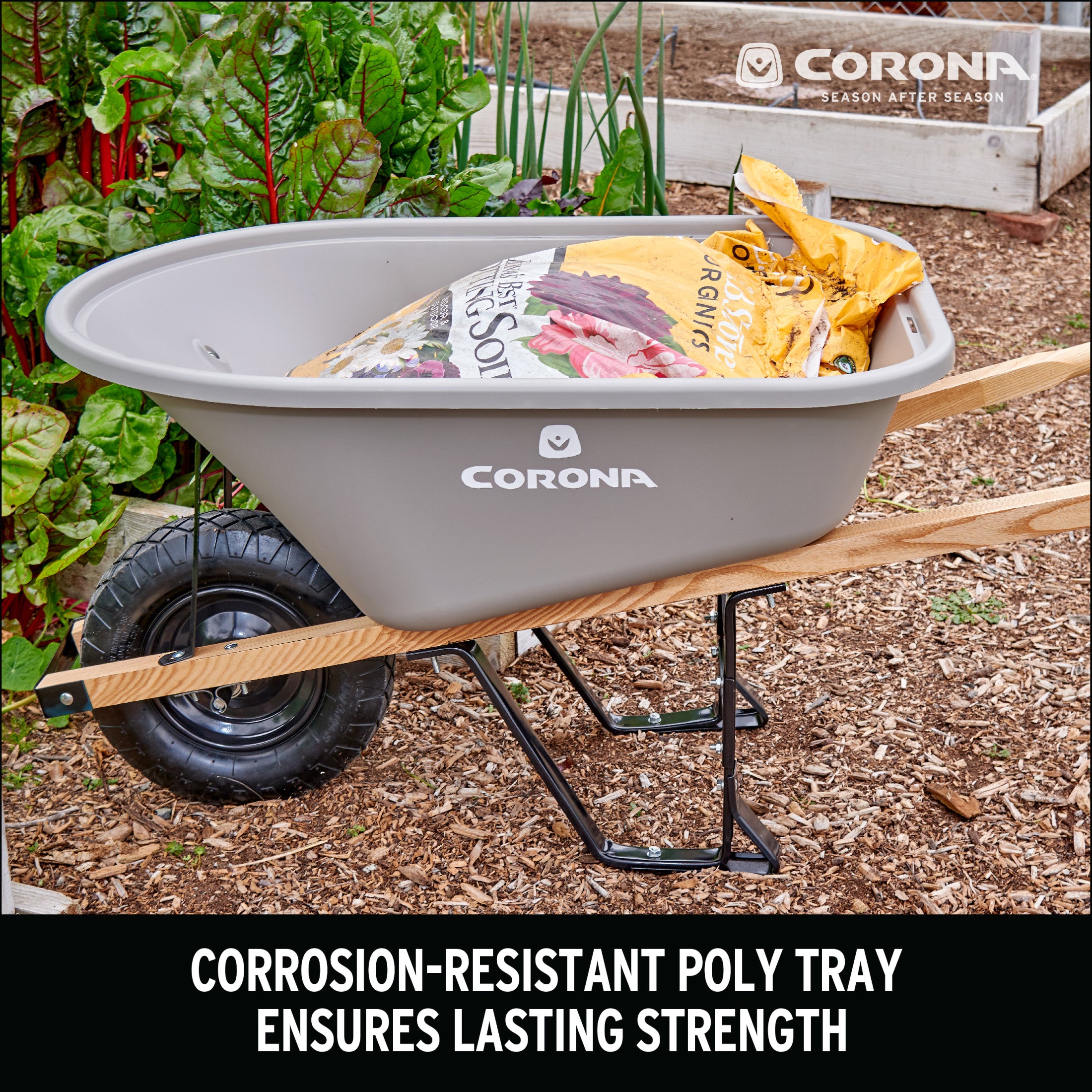 6 Cu. Ft. Poly Wheelbarrow, Wood Handles, Pneumatic Tire