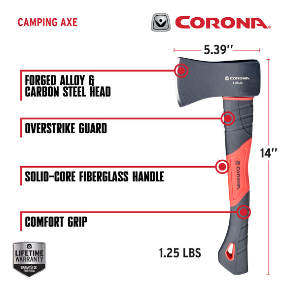 Camping Axe, 1.25 lb. Head, 14 in. Solid-Core Fiberglass Handle