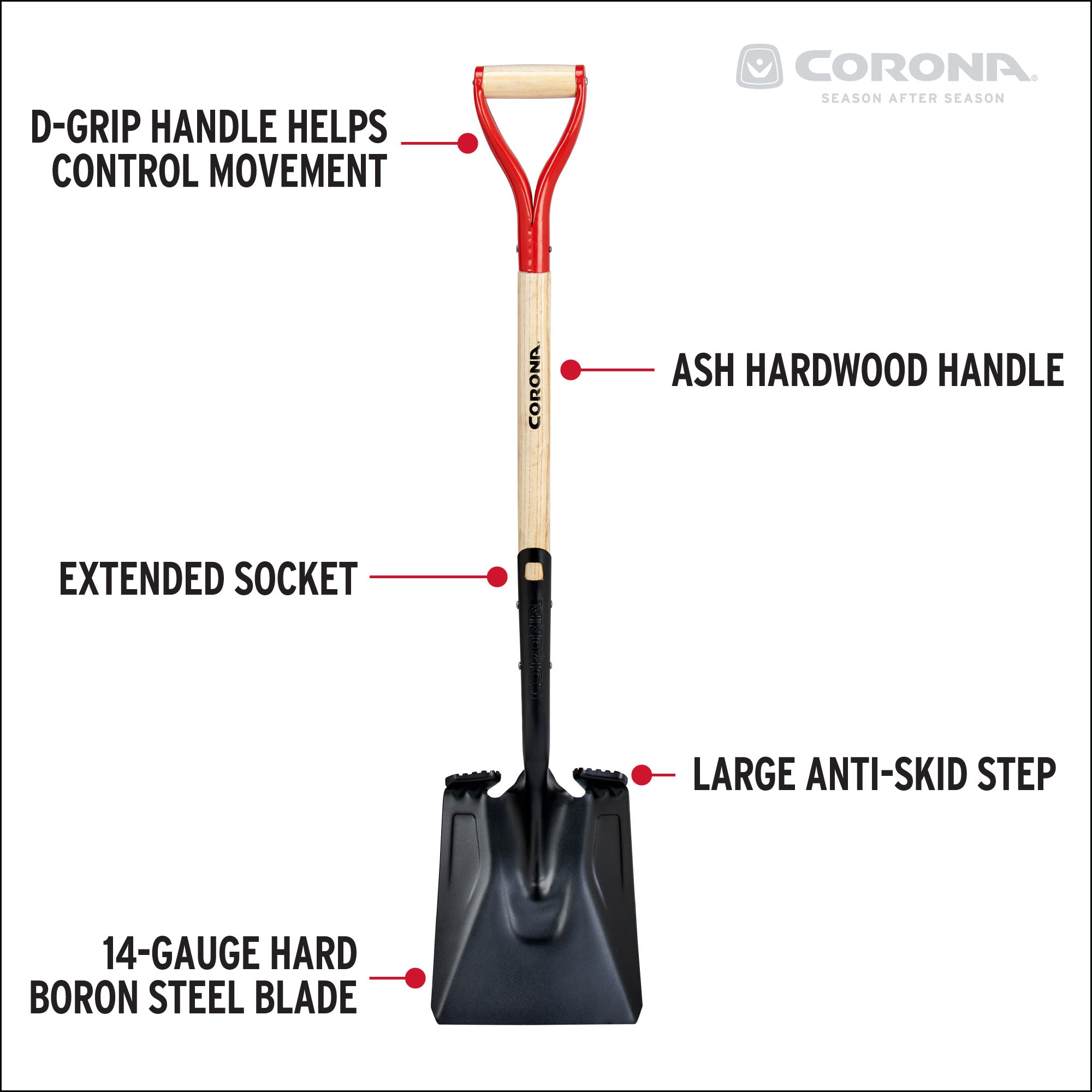 Boron Steel 14 Gauge Square Point Shovel, D Grip Hardwood Handle