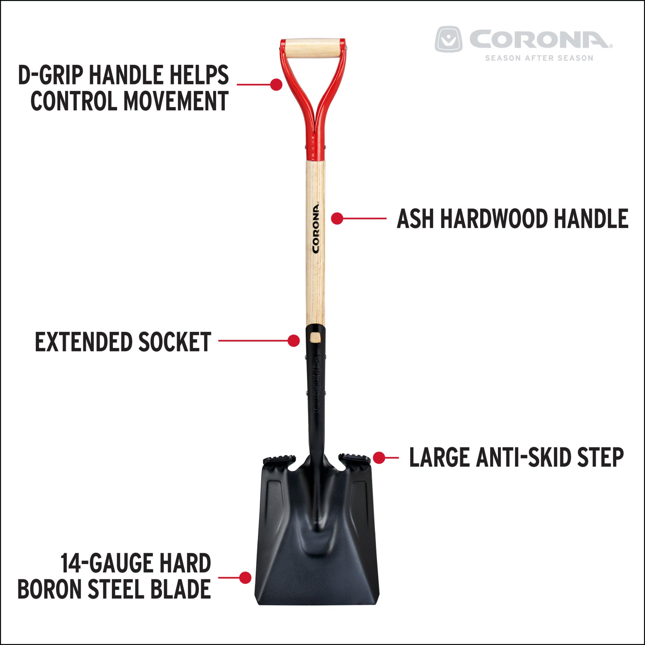 Boron Steel 14-Gauge Square Point Shovel, D Grip Hardwood Handle