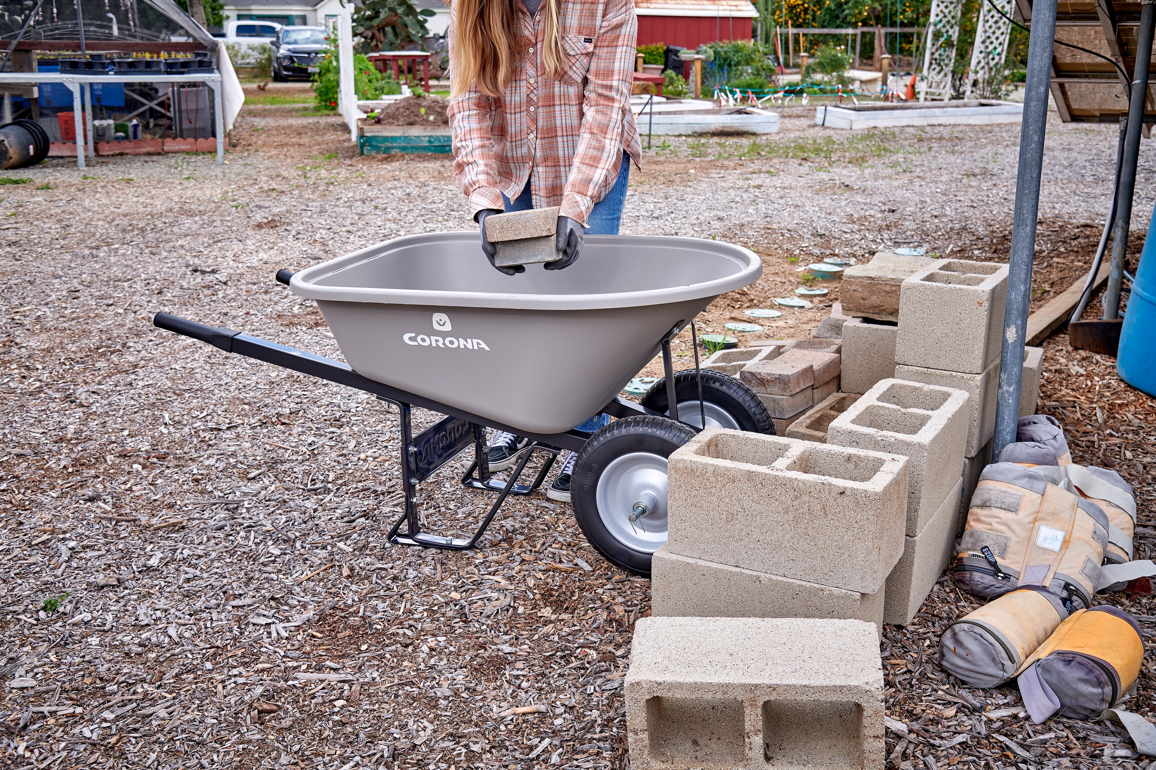 6 Cu. Ft. Poly Wheelbarrow, Steel Handles, Dual Wheel Flat Free Tires