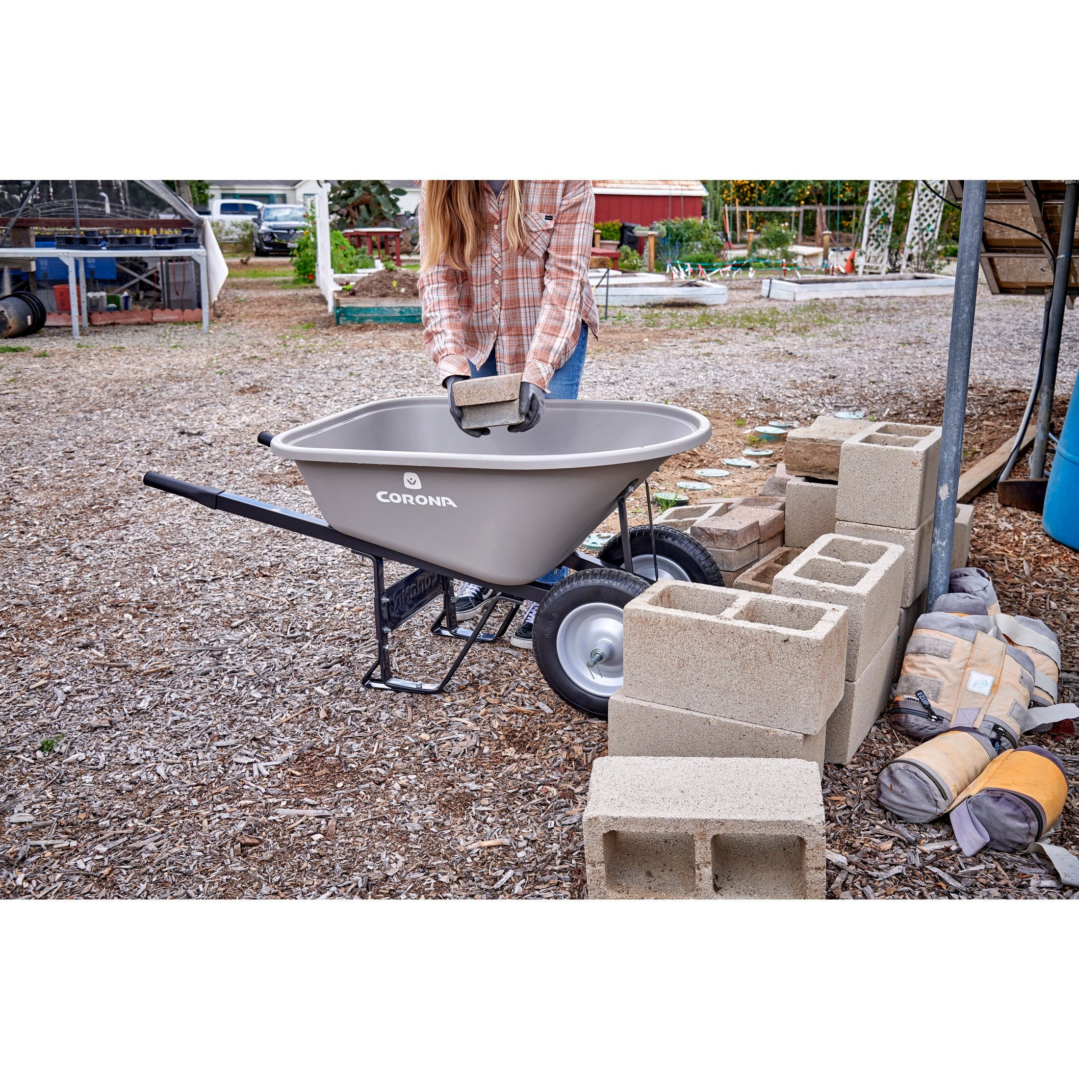 6 Cu. Ft. Poly Wheelbarrow, Steel Handles, Dual Wheel Flat Free Tires