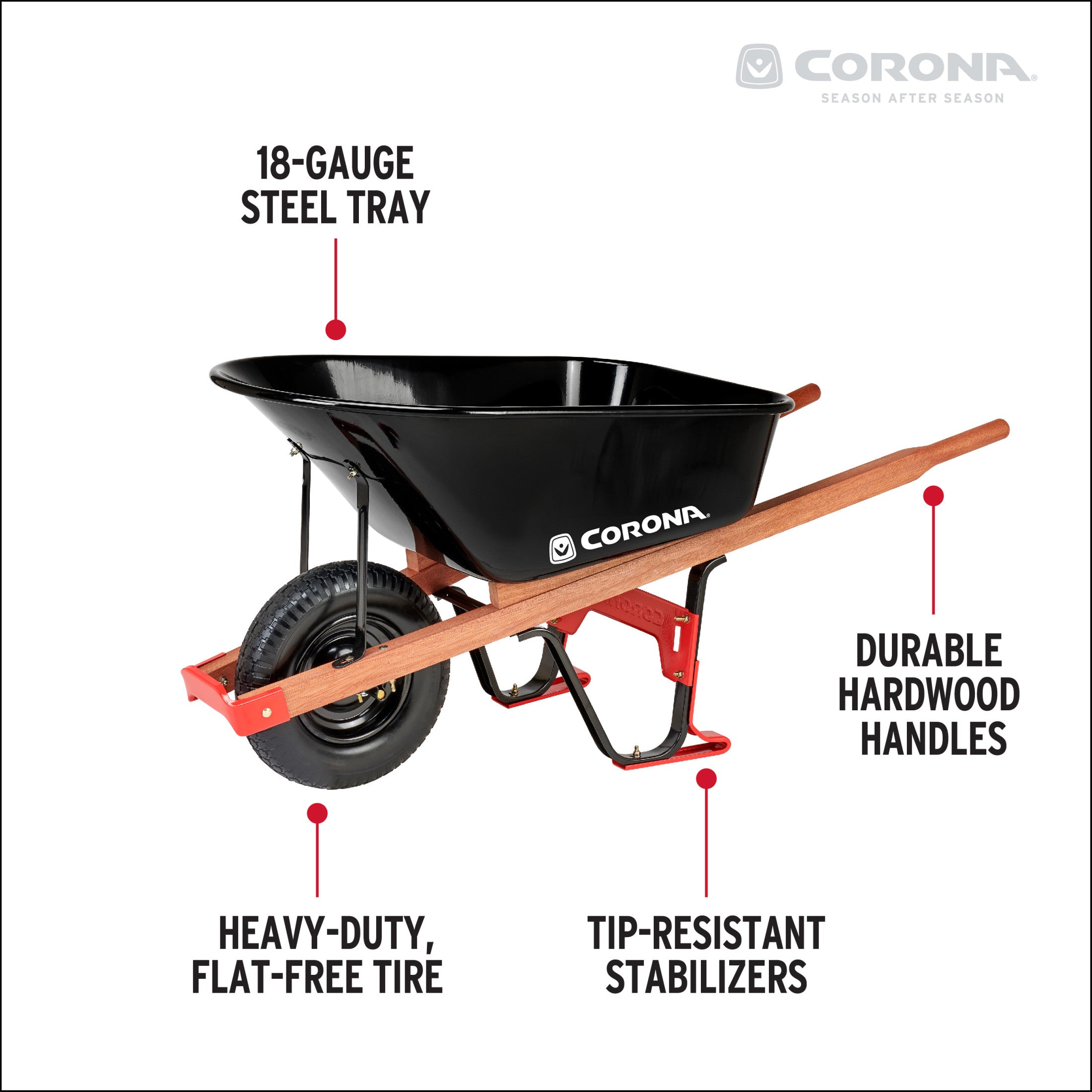 6 Cu. Ft. Professional Steel Wheelbarrow, Wood Handles, Flat-Free Tire