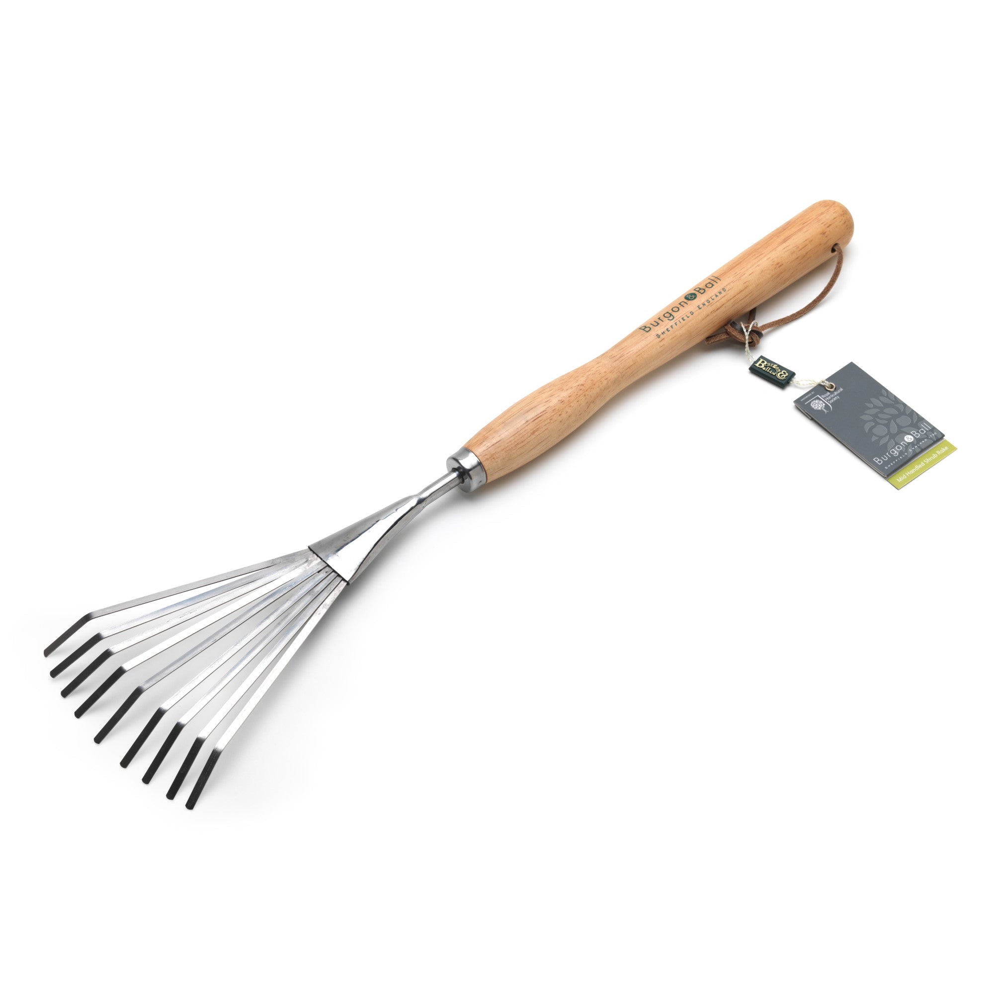 Mid-Handled Stainless Steel Shrub Rake, Wood Grip, RHS Endorsed