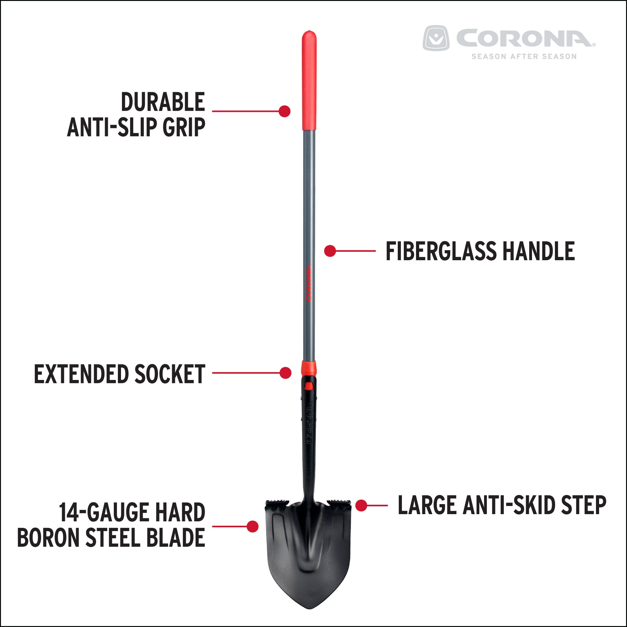 Boron Steel 14 Gauge Round Point Shovel, Fiberglass Handle