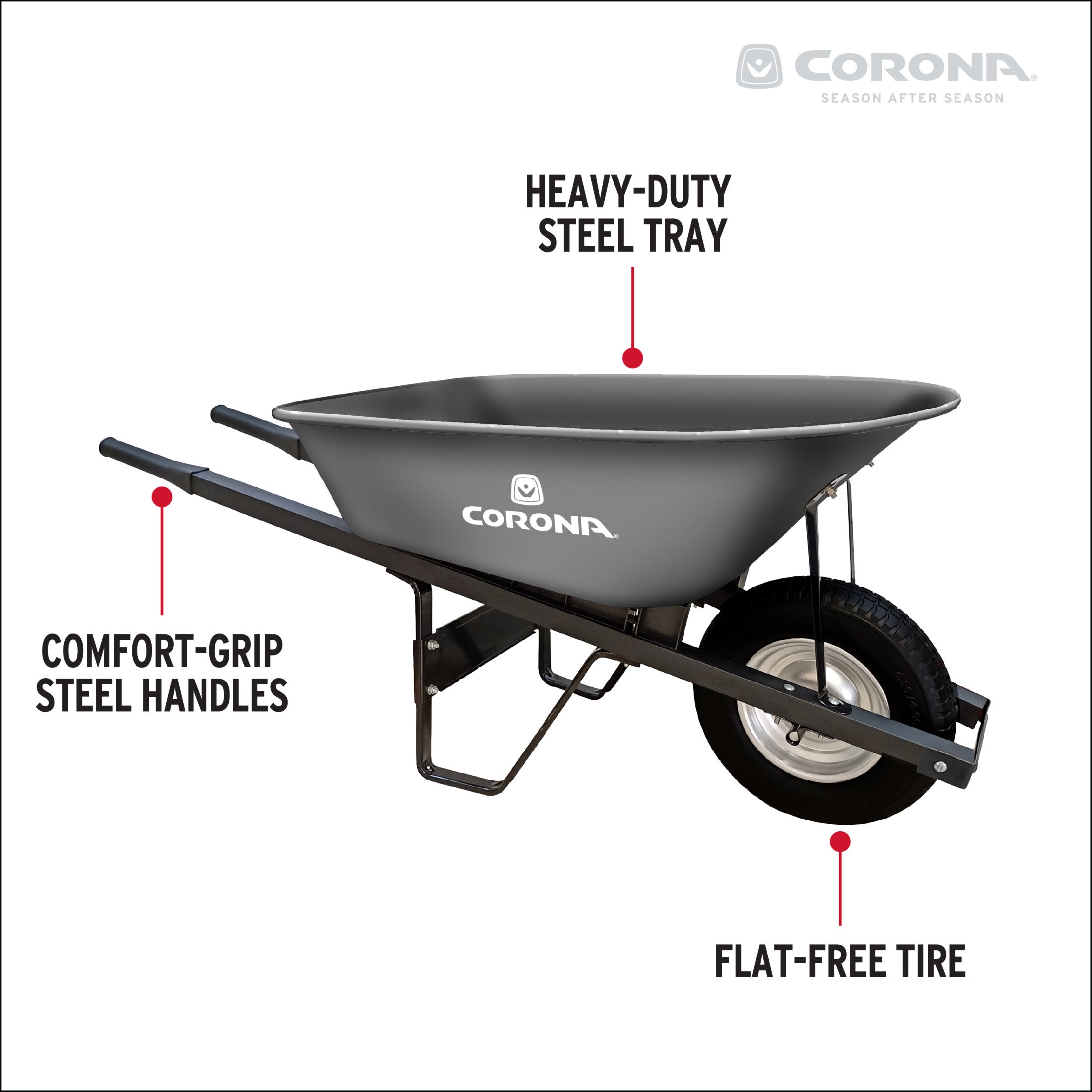 6 Cu. Ft. Steel Wheelbarrow, Steel Handles, Flat Free Tire