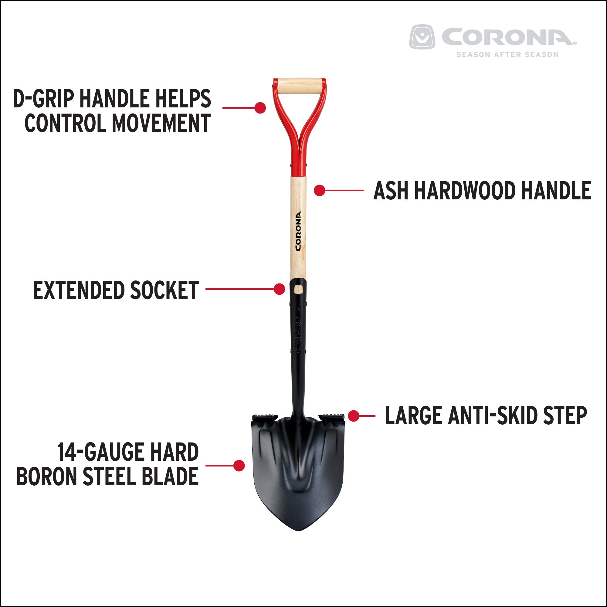 Boron Steel 14 Gauge Round Point Shovel, D Grip Hardwood Handle