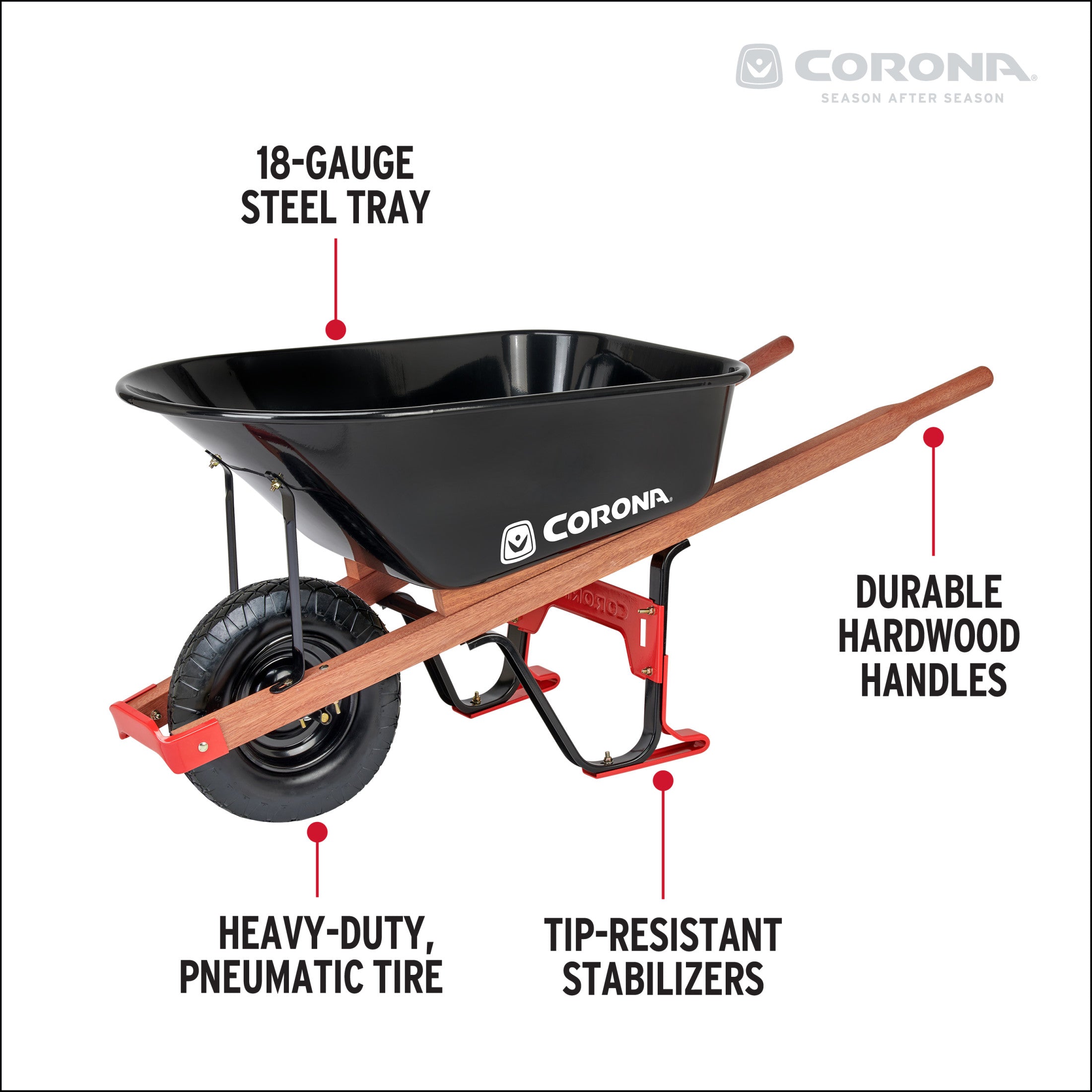 6 Cu. Ft. Professional Steel Wheelbarrow, Wood Handles, Pneumatic Tire