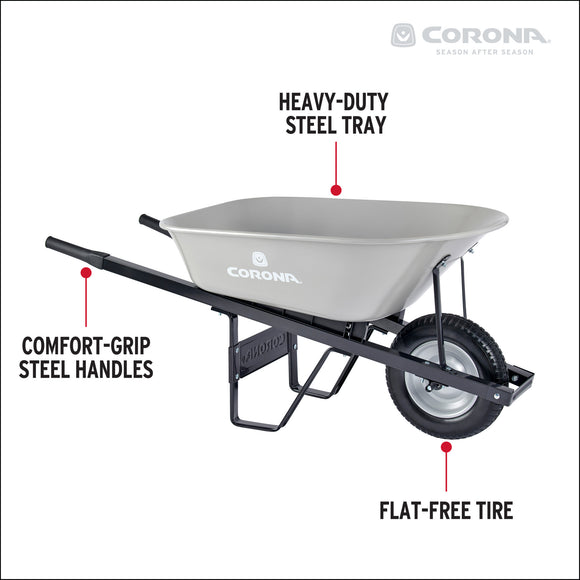 6 Cu. Ft. Steel Wheelbarrow, Steel Handles, Flat Free Tire