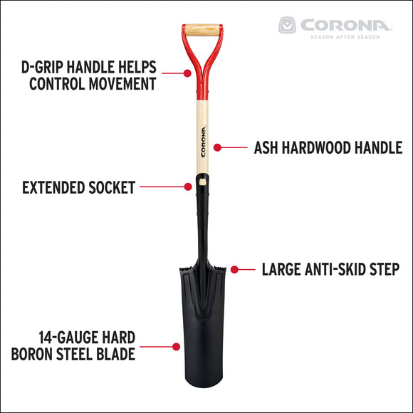 Boron Steel 14-Gauge Drain Spade Shovel, Hardwood Handle