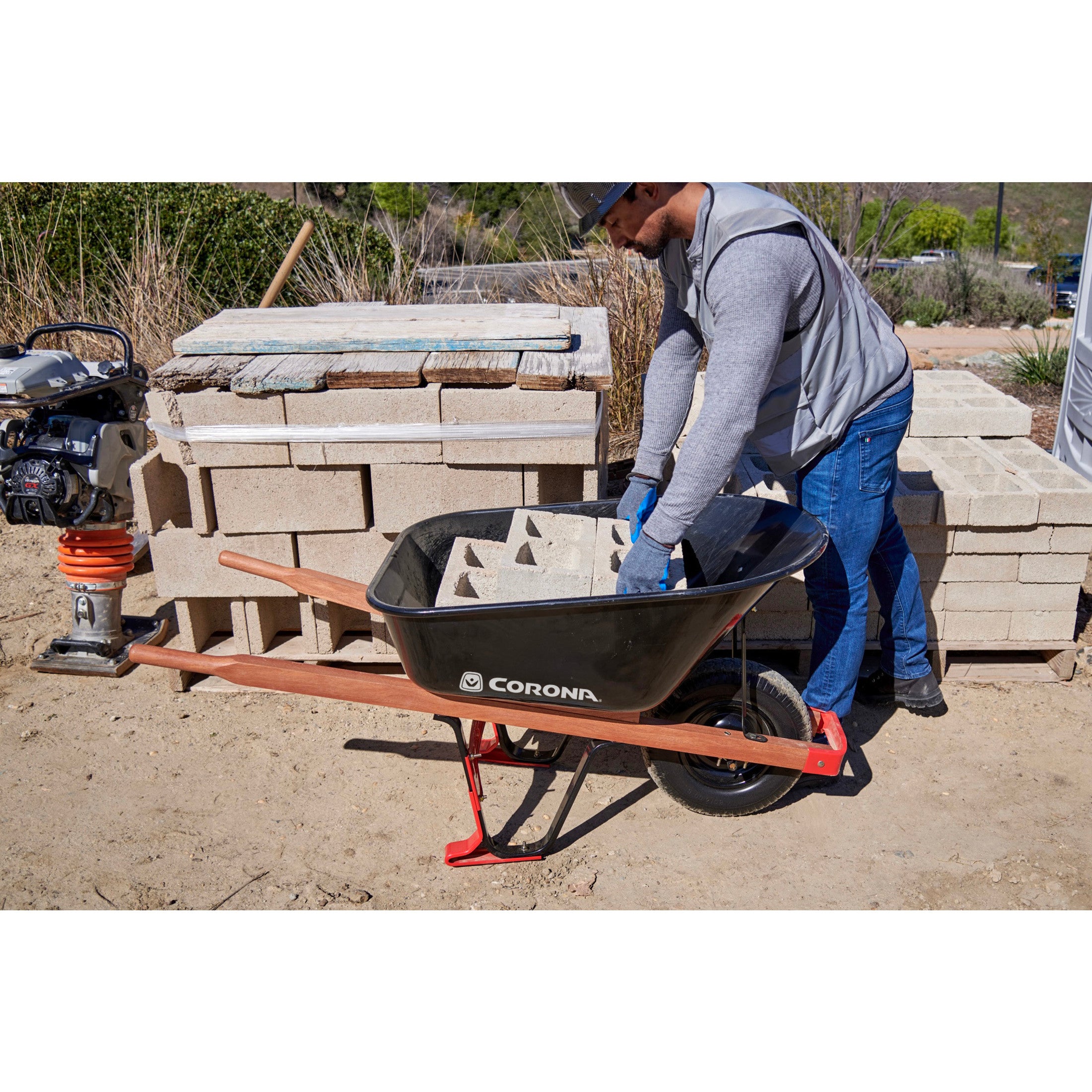 6 Cu. Ft. Professional Steel Wheelbarrow, Wood Handles, Flat-Free Tire