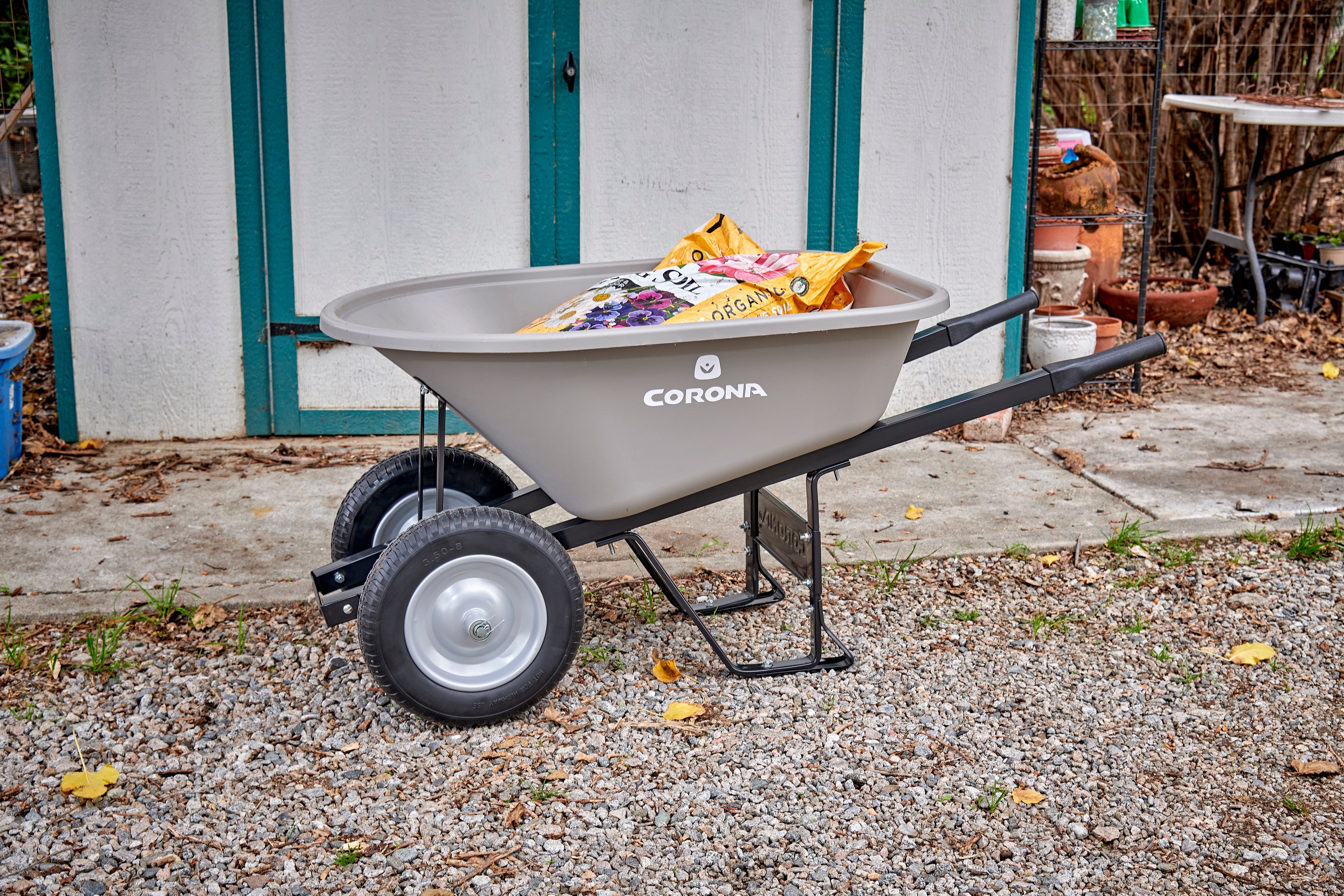 6 Cu. Ft. Poly Wheelbarrow, Steel Handles, Dual Wheel Flat Free Tires