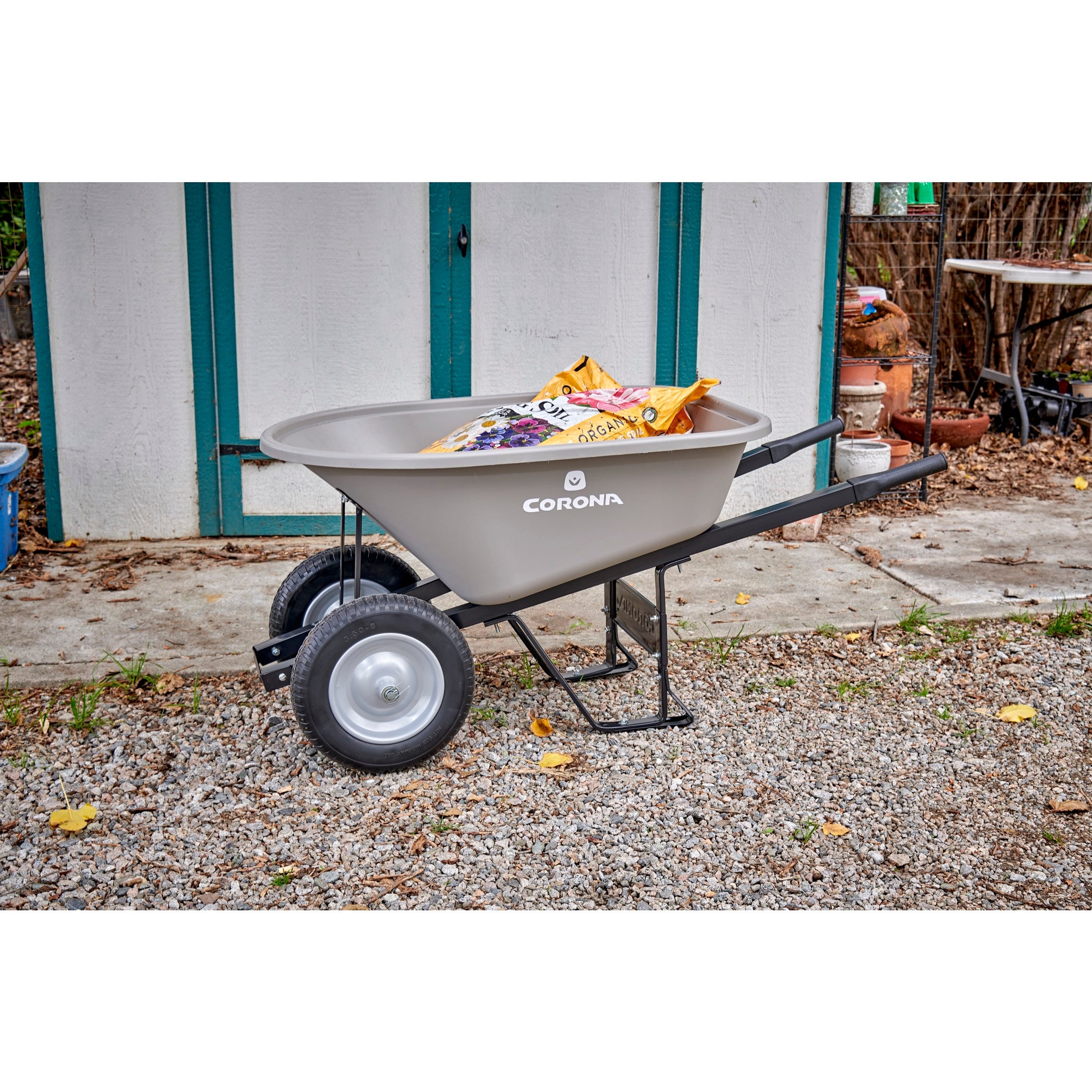 6 Cu. Ft. Poly Wheelbarrow, Steel Handles, Dual Wheel Flat Free Tires